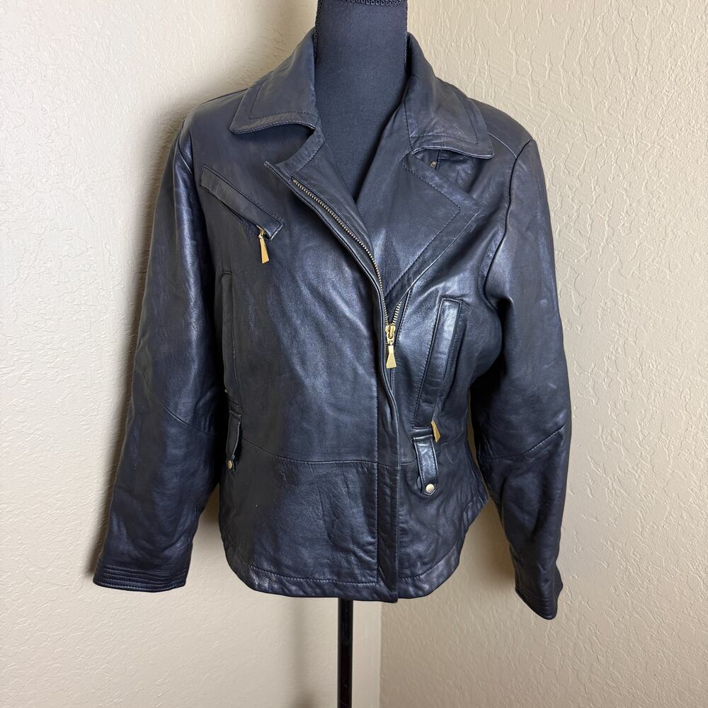 JC Black Leather Moto Jacket Women's Small Quilted Lined Asym Zip Biker Coat